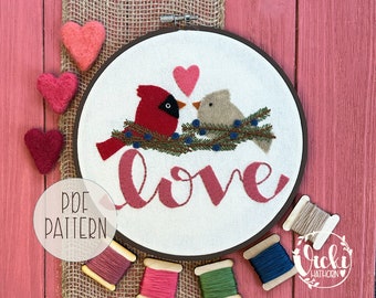 Valentines Day Embroidery, Embroidery Pattern PDF, Wool Applique, Embroidery Hoop Art, Love, Cardinals