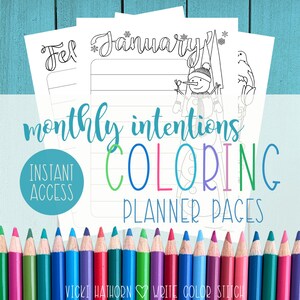 Planificador para colorear, intenciones mensuales, dibujado a mano, objetivos (PDF digital)