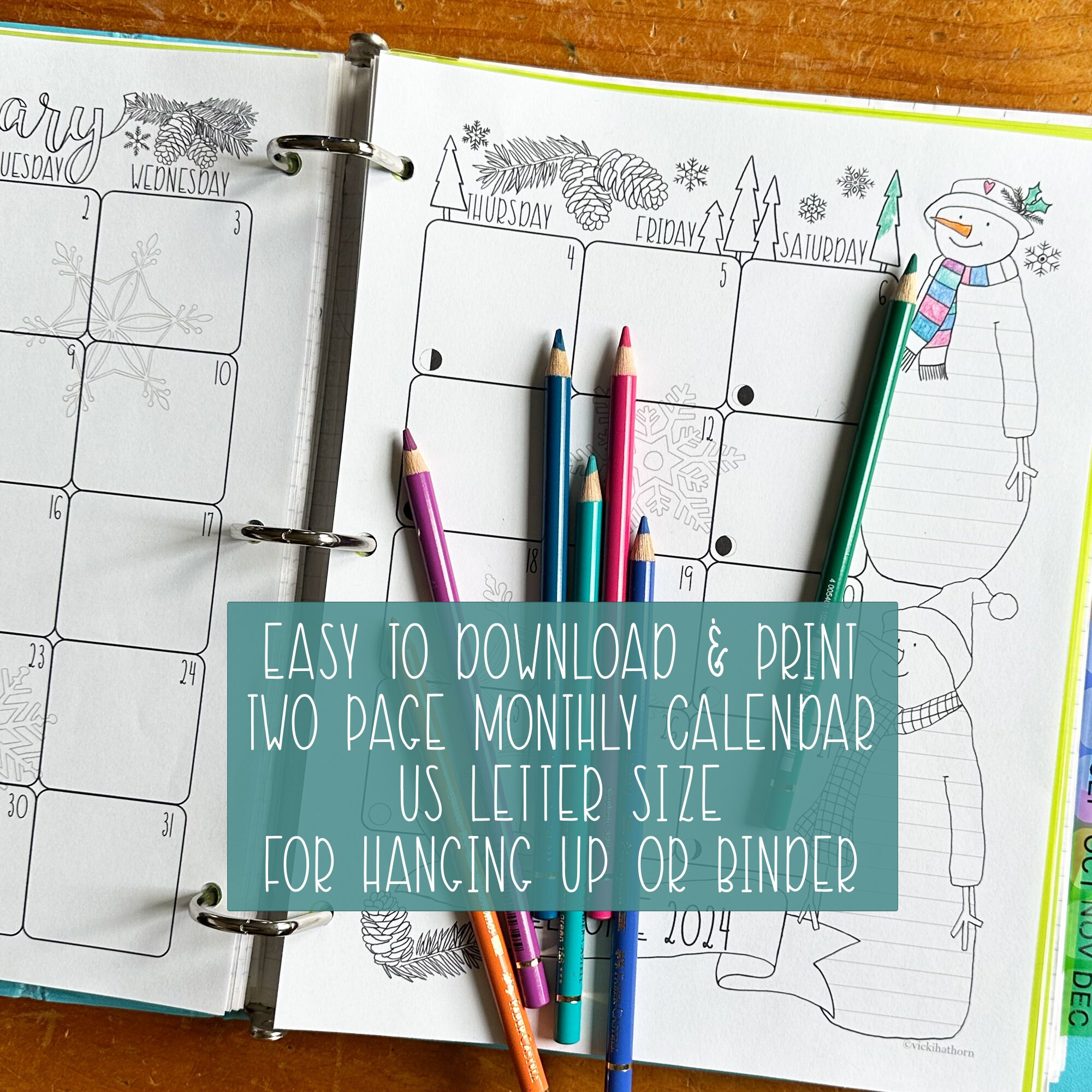 Coloring Planner, Monthly Calendar Printable, 2024, Two Page, Coloring