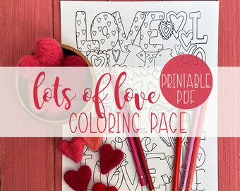 Valentines Day Coloring Page, Love, Valentine, Adult Coloring, Printable PDF, Hand-drawn, Instant Download
