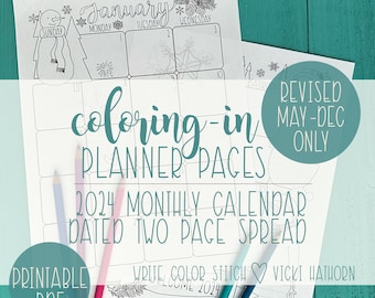 Coloring Planner, Monthly Calendar Printable, 2024, Two Page, Coloring Book Planner, Moon Cycles, Hand-drawn, Instant Download