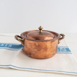Small vintage French copper lidded pot, vintage French copper stock pot, vintage French copper stock pot with brass handles, copper pot