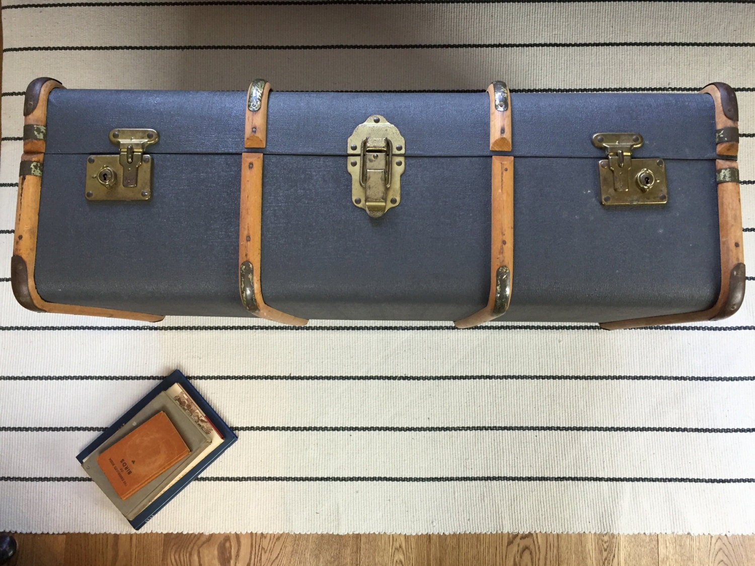 Blue Vintage Steamer Trunk with Wood Detailing Overpond Etsy