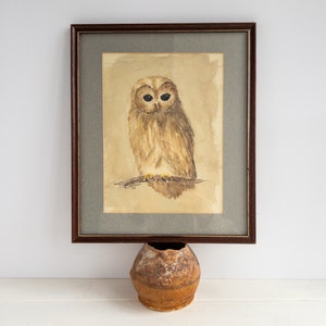 Vintage watercolour of an owl, vintage owl painting, vintage original painting, framed vintage animal painting, original owl painting