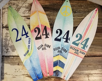 Personalize beautiful colorful surfboard house number aluminum sign, Choose your colors, text, new home, personalized with/ without name