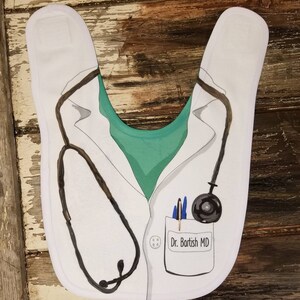 Personalized Dentist or Doctor scrubs lab coat bib,  bib for mom dad Doctor, Medical Gift Mug, Doctor Appreciation baby, for MD, Doctor gift