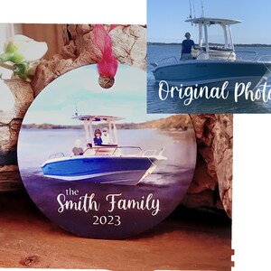Your choice of up to 8 boating, beach, skating, skiers, sledding figures of personalized family name ornament
