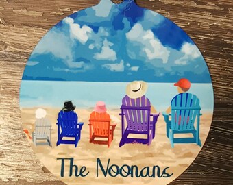 3" personalized adirondack chairs beach family ornament with family name. Add up to 5 figures, gift mom, dad, house gift, Nana 2 sided