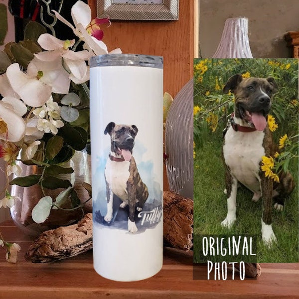 Coffee Personalized digital portrait drawing of Pet cat dog photo ceramic/stainless thermos, Photo dog Pet Mug, Pet Lover Mug, Dog Lover