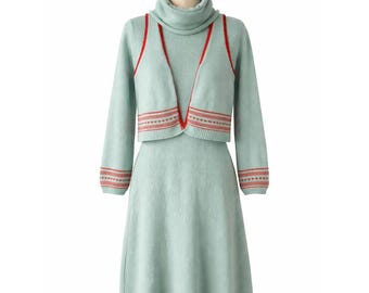 RARE VTG 70s Heritage Knit Wool Midi Sweater Dress With Vest Nordic Cottagecore