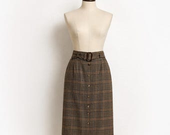 Vtg Womens Wool Plaid Button Up Skirt Midi Preppy Retro Dark Academia Cottage 16