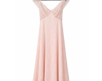 Vintage Blush Pink Lace Chiffon Nightgown Maxi Dress Romantic Slip Coquette