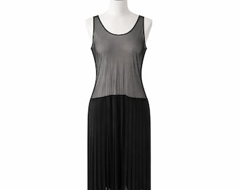 Vintage Black Sheer Bodice Pleated Dress Midi Chiffon Illusion Avant Garde Goth