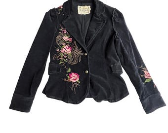 Vtg Corduroy Jacket Black Embroidered Floral Boho Western y2k Fall Blazer Sz M