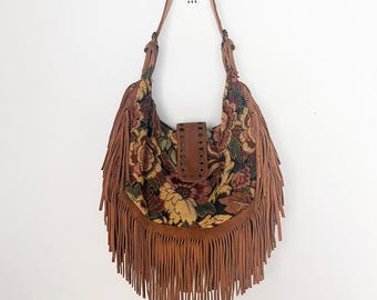 VTG Floral Tapestry Hobo Shoulder Bag Suede Fringe Boho Western Festival