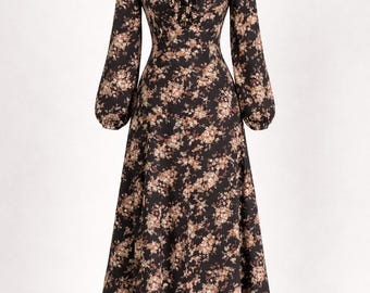 VTG Floral Midi Button Front Dress Sheer Black Sz 8 90s Cottagecore Whimsigoth