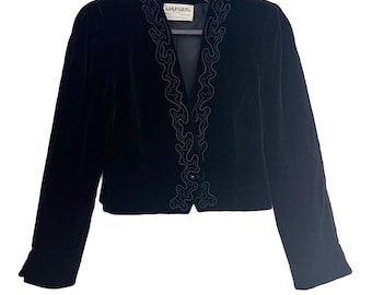 VTG 70s JAEGER Black Velvet Cropped Jacket Embroidered Blazer Size 14 Minimalist