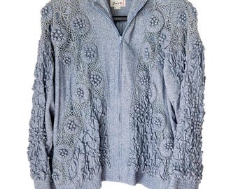 VTG LIM'S Shanghai Jacket 100% Silk 3D Crochet Boho Blue Bomber Art to Wear RARE