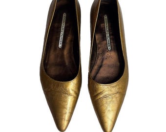 Zapatos planos vintage DONALD J PLINER de punta puntiaguda en piel española dorada metalizada talla 6.5
