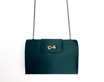 Vintage Stephanie Andrews Emerald Green Satin Evening Bag Coquette Garden Party