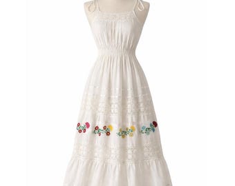 VTG 70s/80s Mexican Floral Midi Dress Embroidered White Sz S Boho Cottagecore