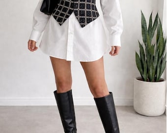 NWT VTG Theo Sz M Vintage Beaded Vest Black White Check Twee Parisian Chic