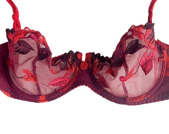 VTG 90s Aubade Demi Cup Underwire Bra Red Floral Lace Luxury Lingerie 34D