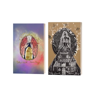 May include: Two book covers with a purple and pink background on the left and a brown background on the right. The left cover features a gold cage with a woman's hands reaching out. The right cover features a black and white illustration of a woman standing on a house with a moon behind her. Both covers have the text "Molly Ahern" and "Maria Rey" on them.