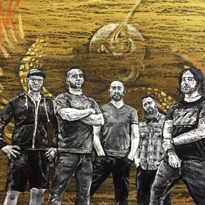 May include: A painting of five men in a band, standing in front of a gold background with red and white abstract designs. The men are wearing casual clothing and have different hairstyles.