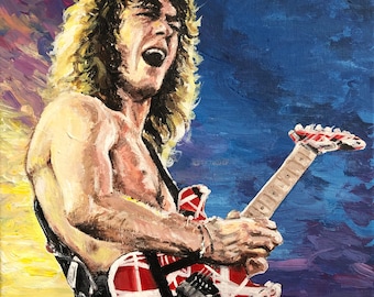 May include: A painting of a man with long hair playing a red, white, and black electric guitar. The background is a blue and purple sky.