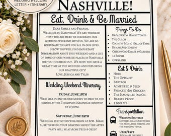 May include: A wedding welcome letter and itinerary template titled Welcome to Nashville! Eat, Drink & Be Married. The document includes sections for Things To Do, Eat & Drink, and Transportation, with editable text fields for a weekend schedule.