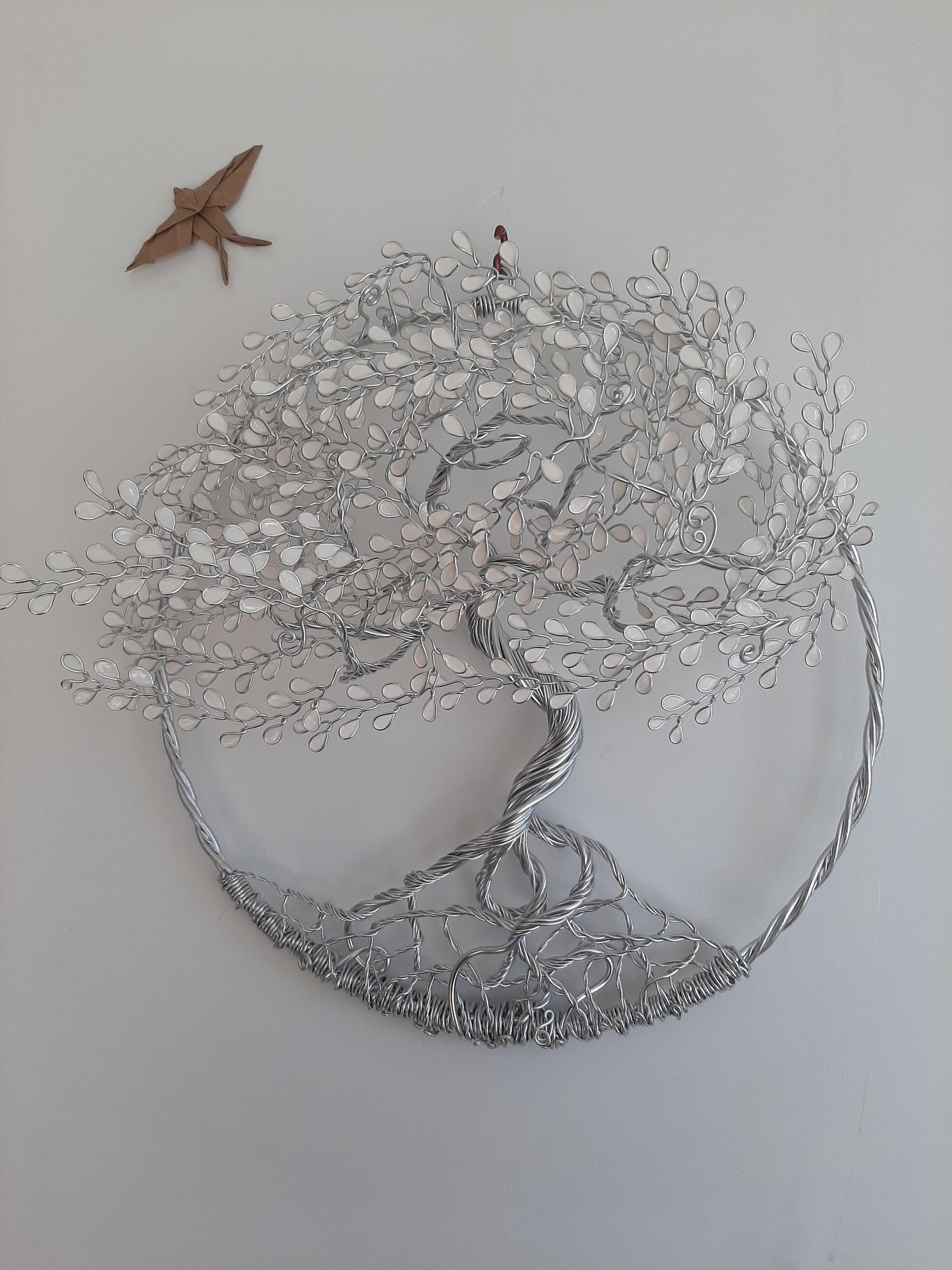 Arbre de Vie Mural 3D Blanc Pur 30 cm. Décoration, Spirituel, Symbole Bien Être, Sculpture Métal Rel