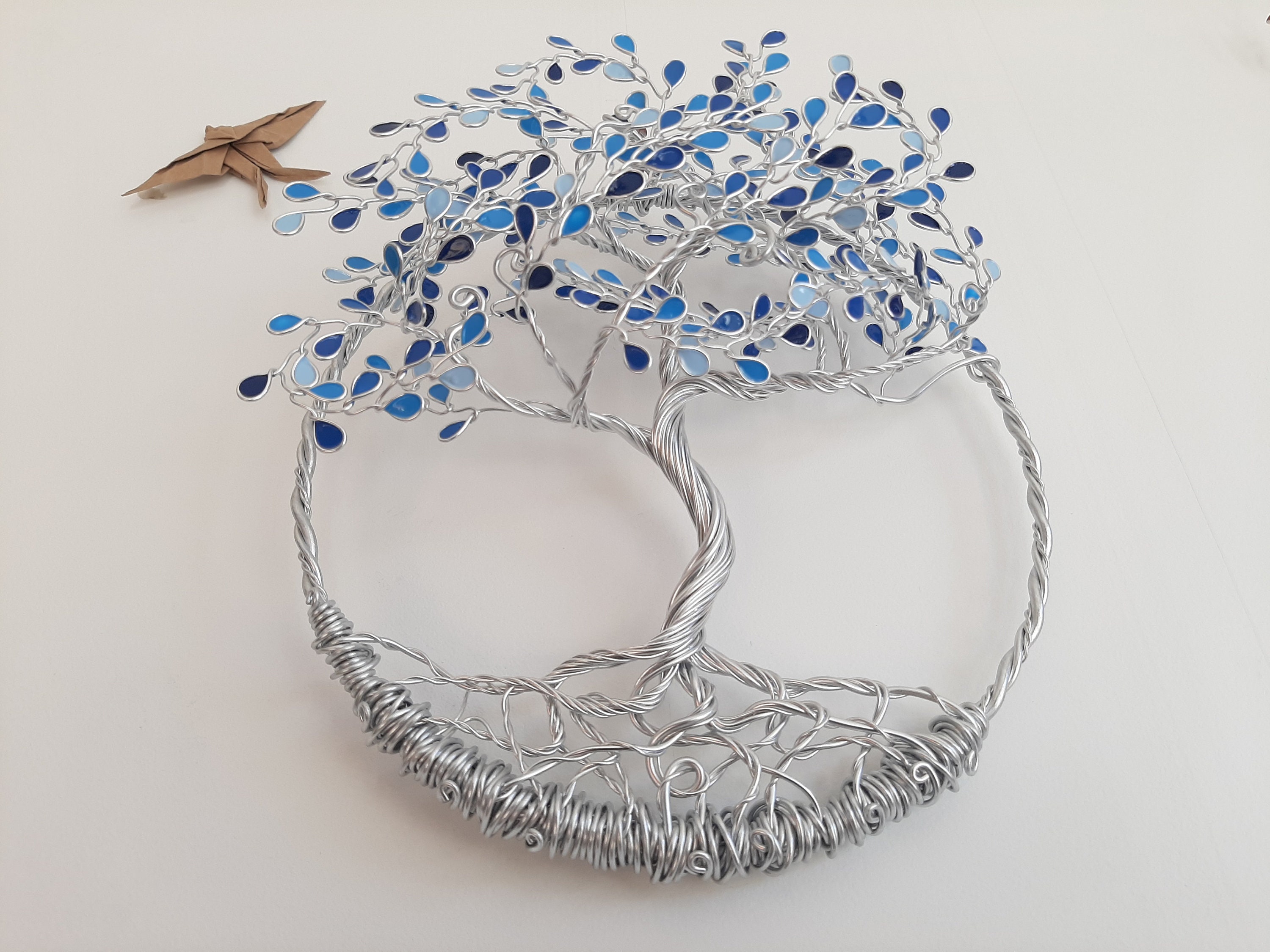 Arbre de Vie Mural en Relief Bleu 20 cm - 3D, Symbole Bien Être, Sculpture Métal, Original, Décorati