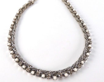 Hattie Carnegie vintage rhinestone and white choker necklace. silver tone signed