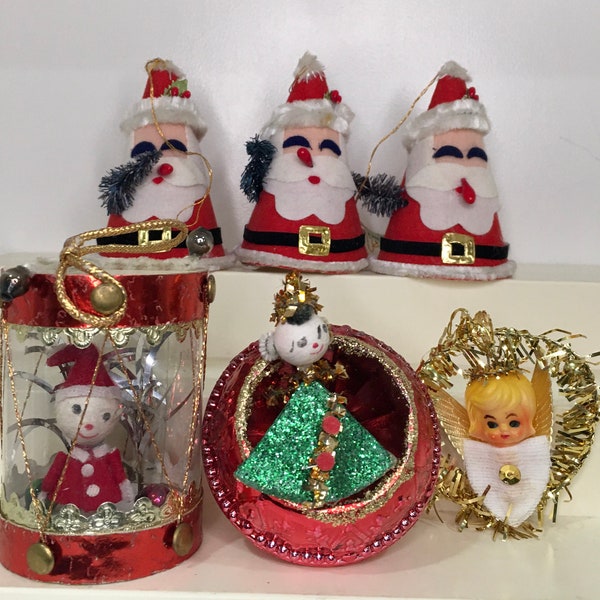Japan putz Christmas lot. spun cotton, felt, chenille, tinsel vintage  ornaments.