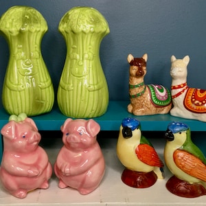 Vintage Salt and Pepper shakers. kitschy anthropomorphic shaker sets. Pigs, llamas, birds, Celery. Japan, Germany, Abbott
