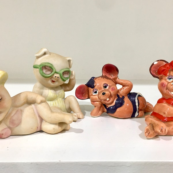 Josef originals mouse in bikini figurines. Enesco 1980 Pig in swimming suit figurines. Sun bathing mice and pigs. Sets sold separately