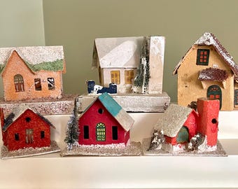 Putz house Mica Coconut glitter. Paper cardboard Japan Christmas cellophane snow village ornament houses. Sold separately