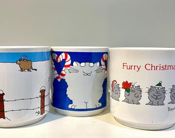 Boynton Merry Christmas mugs. Furry Christmas, candy cane cat, outstanding in the field season's greetings. Recycled paper products Japan
