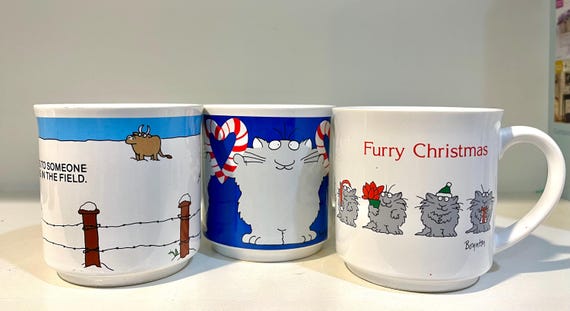Boynton Merry Christmas mugs. Furry Christmas, candy cane cat, outstanding in the field season's greetings. Recycled paper products Japan