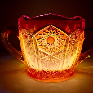 Indiana Red Carnival Glass Sugar Bowl, Sawtooth Edge, UV Reactive