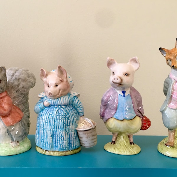 Figurines Beswick Beatrix Potter Peter Rabbit F Warne & Co. Foxy gentleman à moustaches, Timmy Tiptoes, tante Pettitoes, Pigling Bland.