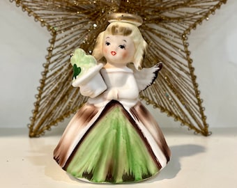 Repaired Inarco March shamrock Angel figurine. Ceramic Porcelain birthday month angel. E 1187 Japan