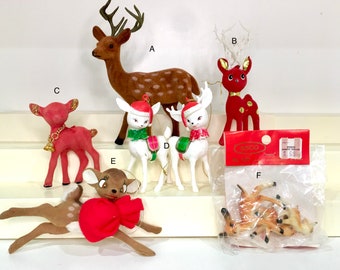 vintage Christmas deer. Red, flocked, bell, Bambi, plastic. Walt Disney, SSCO Hong Kong, spots, antlers, glitter. sold separately