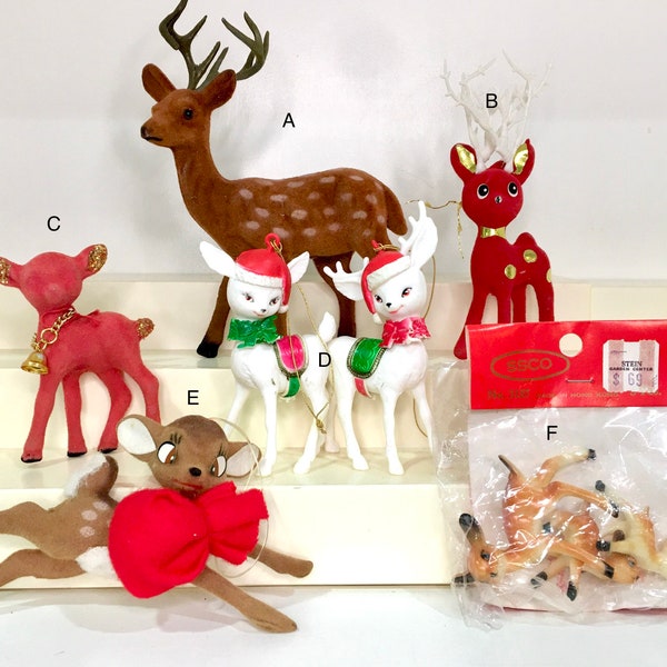 vintage Christmas deer. Red, flocked, bell, Bambi, plastic. Walt Disney, SSCO Hong Kong, spots, antlers, glitter. sold separately