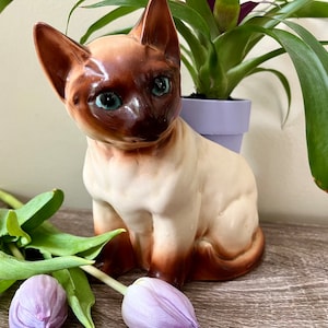 May include: A ceramic figurine of a Siamese cat sitting with its paws tucked under its body. The cat is brown and white with blue eyes. The figurine is sitting on a wooden surface next to a potted plant.