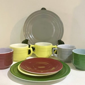 Hazel Atlas little hostess moderntone party tea set pieces. cups, saucers, plates, sugar bowl. choice