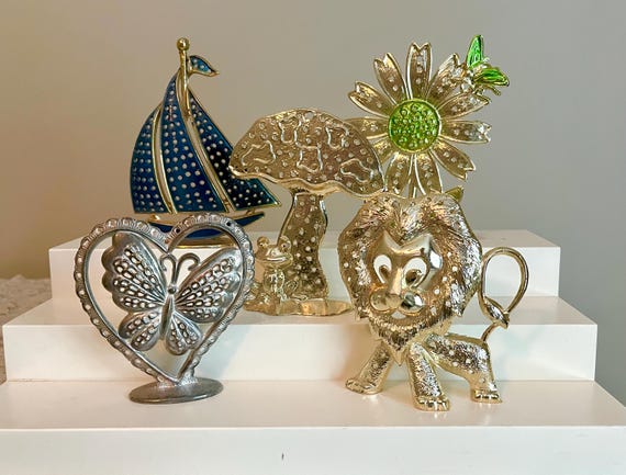 Revere Torino metal earring holder tree stand. Lion, mushroom, sailboat, flower, heart in flower. figurinal jewelry stand. Sold separately.