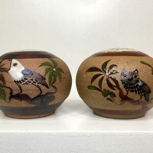 May include: Two ceramic salt and pepper shakers with brown and white stripes. One shaker features a bird with blue accents and the other features an owl.