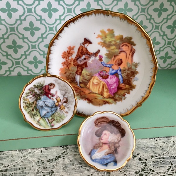 Choice Miniature Limoges plates. Victorian courting couple, woman with feathered hat. Made in France. two sizes dollhouse